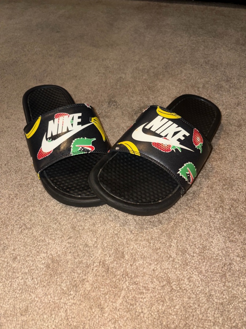 Nike Women Black Slide Sandals with Yellow, Red & Green Fruit Accents